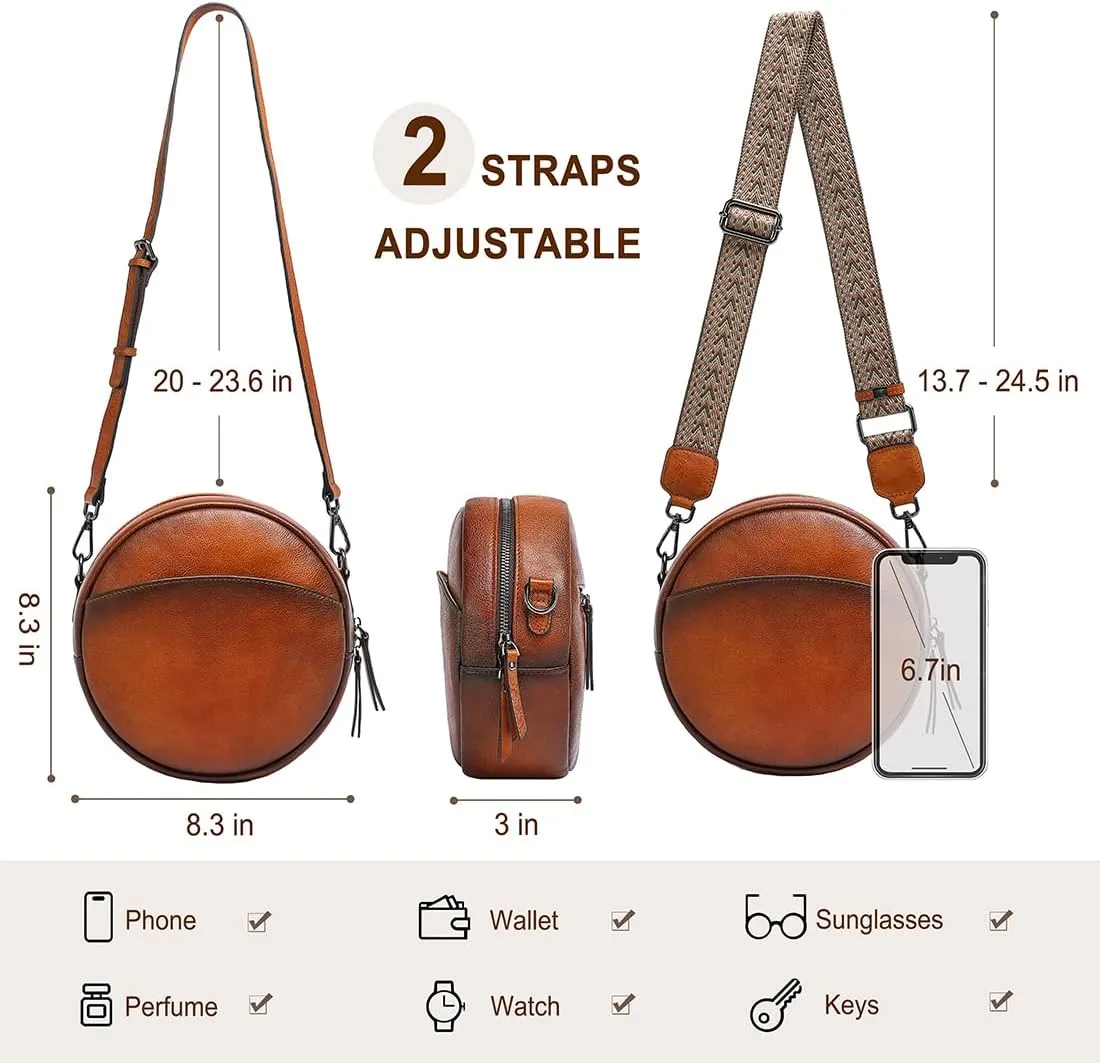 COOLCY Leather Crossbody Bags for Women, Circle Purse Shoulder Bag, Fashion Round Handbag for Travel, 2 Adjustable Strap