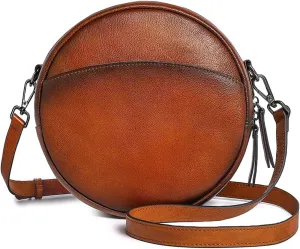 COOLCY Leather Crossbody Bags for Women, Circle Purse Shoulder Bag, Fashion Round Handbag for Travel, 2 Adjustable Strap
