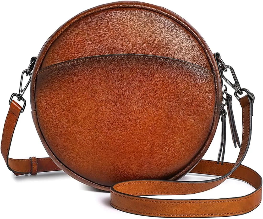 COOLCY Leather Crossbody Bags for Women, Circle Purse Shoulder Bag, Fashion Round Handbag for Travel, 2 Adjustable Strap