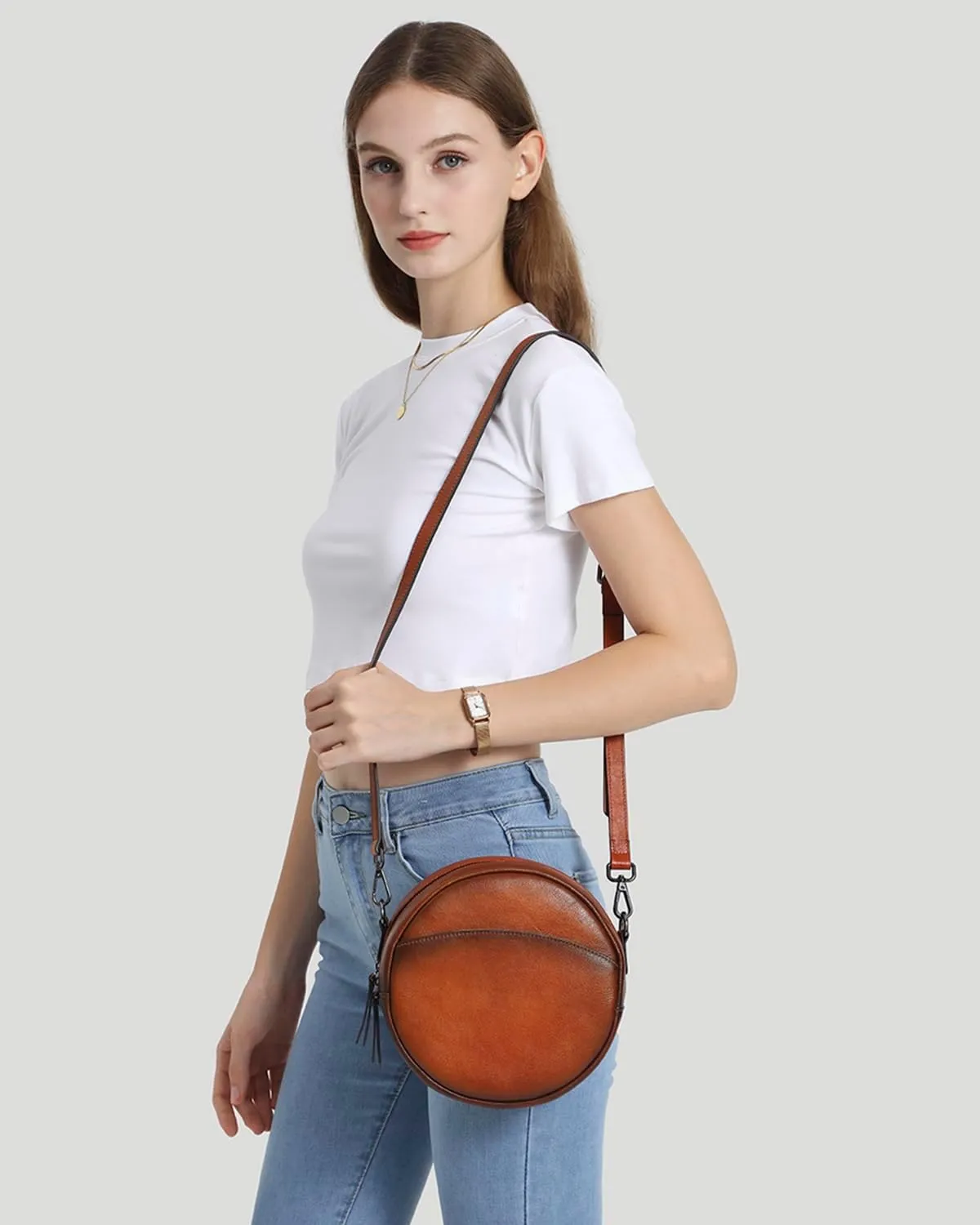 COOLCY Leather Crossbody Bags for Women, Circle Purse Shoulder Bag, Fashion Round Handbag for Travel, 2 Adjustable Strap