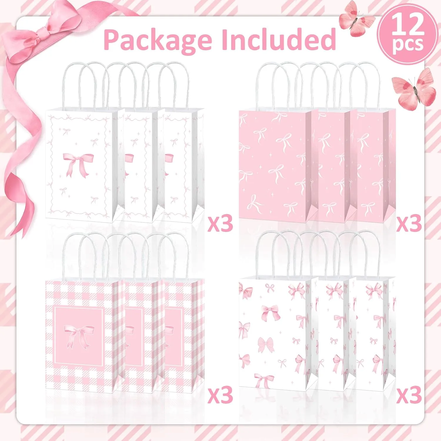 Coquette 12pcs Pink Bow Themed Goodie Bags with Handles for Bachelorette, Birthday & Baby Shower Party Supplies