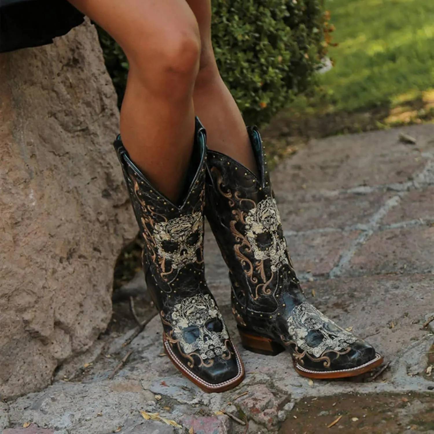 Corral Boots Women's Black and White Floral Sugar Skull Embroidery & Studs Square Toe Mid-Calf Leather Western Cowboy Boots