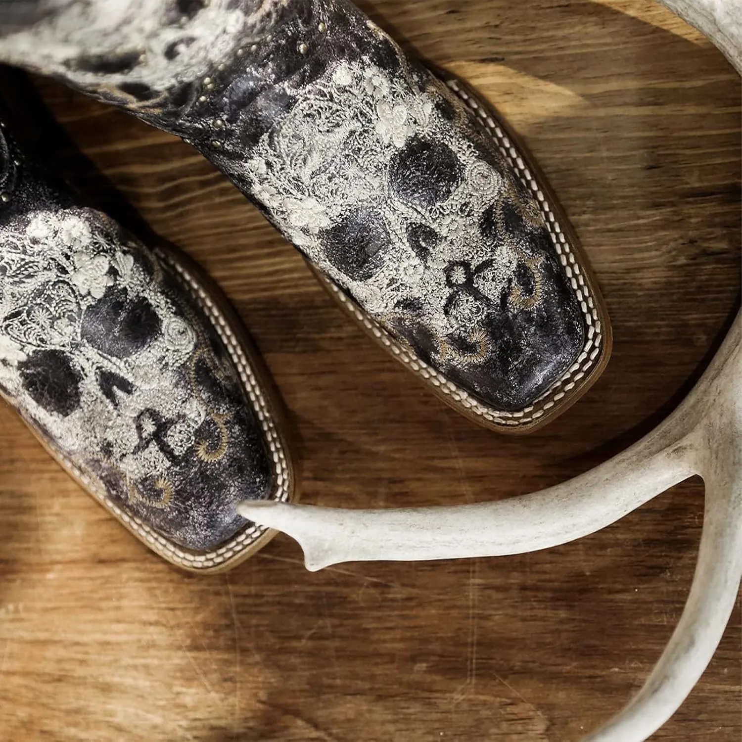 Corral Boots Women's Black and White Floral Sugar Skull Embroidery & Studs Square Toe Mid-Calf Leather Western Cowboy Boots