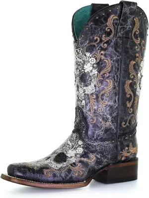 Corral Boots Women's Black and White Floral Sugar Skull Embroidery & Studs Square Toe Mid-Calf Leather Western Cowboy Boots
