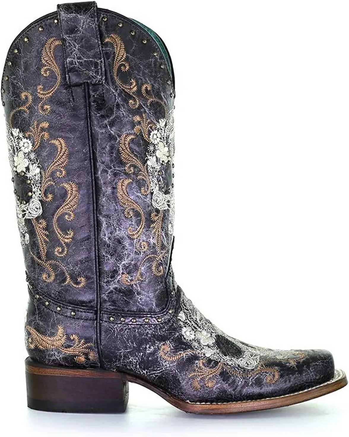 Corral Boots Women's Black and White Floral Sugar Skull Embroidery & Studs Square Toe Mid-Calf Leather Western Cowboy Boots