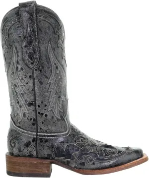 Corral Boots Womens Distressed Embroidered Square Toe Dress Boots Mid Calf Low Heel 1-2" - Black, Grey
