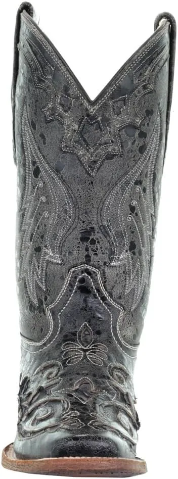 Corral Boots Womens Distressed Embroidered Square Toe Dress Boots Mid Calf Low Heel 1-2" - Black, Grey