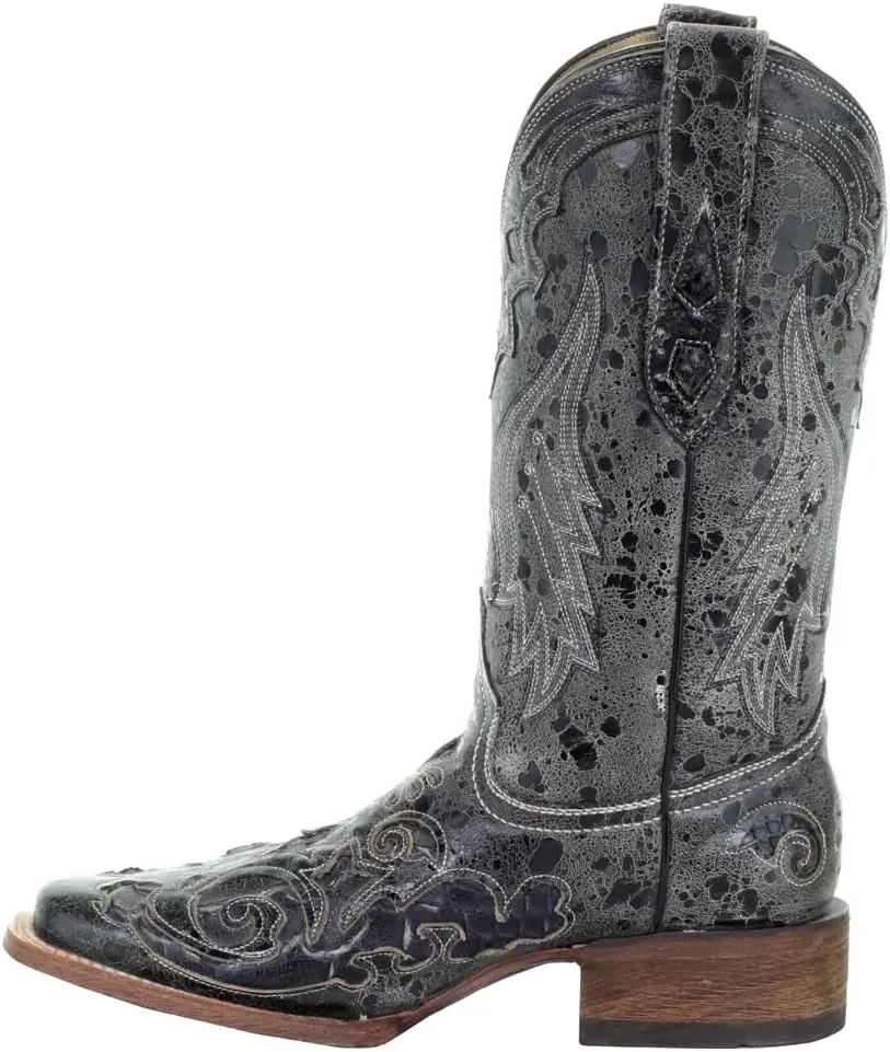 Corral Boots Womens Distressed Embroidered Square Toe Dress Boots Mid Calf Low Heel 1-2" - Black, Grey