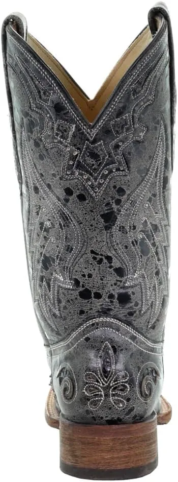 Corral Boots Womens Distressed Embroidered Square Toe Dress Boots Mid Calf Low Heel 1-2" - Black, Grey