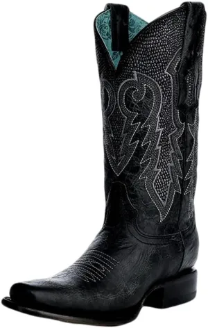 CORRAL LADIE'S BLACK/SILVER EMBROIDERY & OVERLAY SQ.TOE, LEATHER SOLE, COWHIDE LEATHER, WESTERN BOOT, Z5291