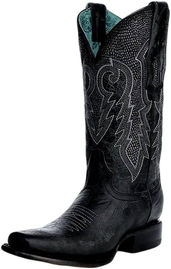 CORRAL LADIE'S BLACK/SILVER EMBROIDERY & OVERLAY SQ.TOE, LEATHER SOLE, COWHIDE LEATHER, WESTERN BOOT, Z5291