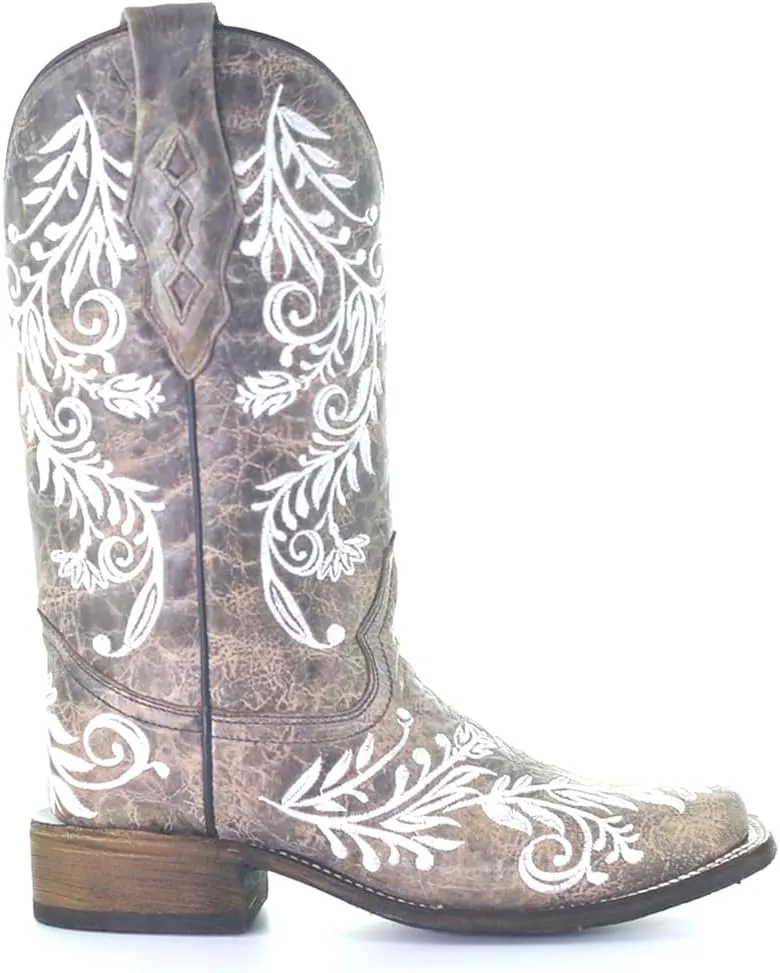 CORRAL LADIE'S BROWN/WHITE EMBROIDERY SQ. TOE - GLOW COLLECTION, LEATHER SOLE, WESTERN A4063
