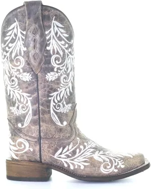 CORRAL LADIE'S BROWN/WHITE EMBROIDERY SQ. TOE - GLOW COLLECTION, LEATHER SOLE, WESTERN A4063