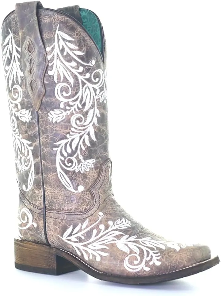 CORRAL LADIE'S BROWN/WHITE EMBROIDERY SQ. TOE - GLOW COLLECTION, LEATHER SOLE, WESTERN A4063