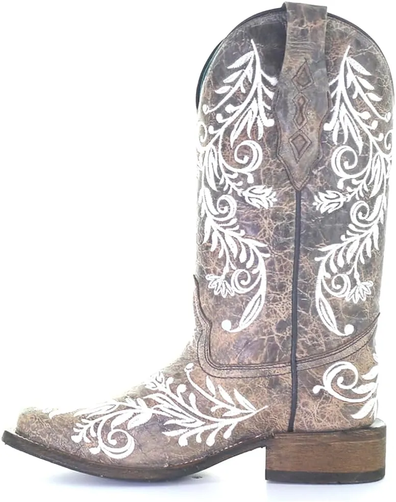 CORRAL LADIE'S BROWN/WHITE EMBROIDERY SQ. TOE - GLOW COLLECTION, LEATHER SOLE, WESTERN A4063