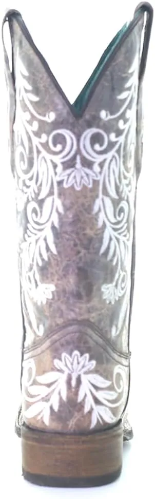 CORRAL LADIE'S BROWN/WHITE EMBROIDERY SQ. TOE - GLOW COLLECTION, LEATHER SOLE, WESTERN A4063