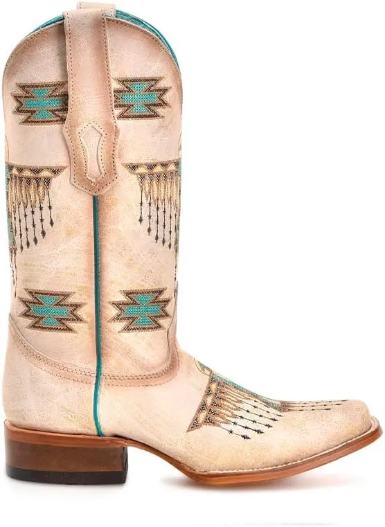 CORRAL LADIE'S WHITE-TURQUOISE EMBROIDERY SQ. TOE, LEATHER SOLE, COWHIDE LEATHER, WESTERN BOOTS, Z5219