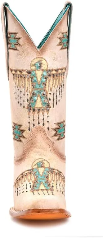 CORRAL LADIE'S WHITE-TURQUOISE EMBROIDERY SQ. TOE, LEATHER SOLE, COWHIDE LEATHER, WESTERN BOOTS, Z5219