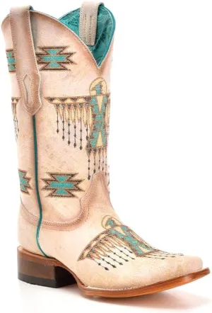 CORRAL LADIE'S WHITE-TURQUOISE EMBROIDERY SQ. TOE, LEATHER SOLE, COWHIDE LEATHER, WESTERN BOOTS, Z5219
