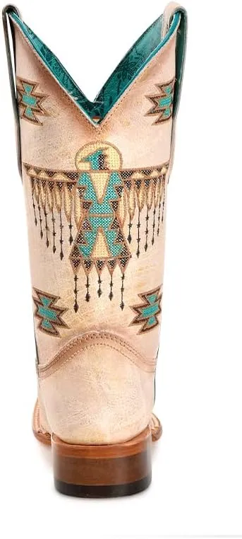 CORRAL LADIE'S WHITE-TURQUOISE EMBROIDERY SQ. TOE, LEATHER SOLE, COWHIDE LEATHER, WESTERN BOOTS, Z5219
