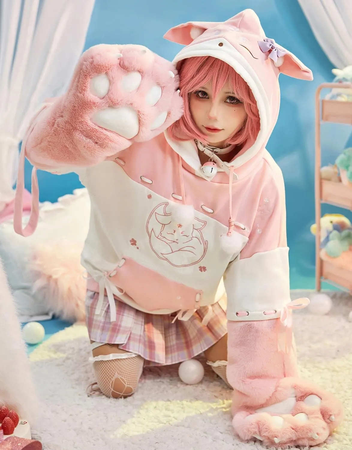 Cosplay.fm Women Pullover Hoodie with Detachable Bag Design Furry Cat Paw Gloves Kawaii Fox Style Ear Hooded Sweatshirt