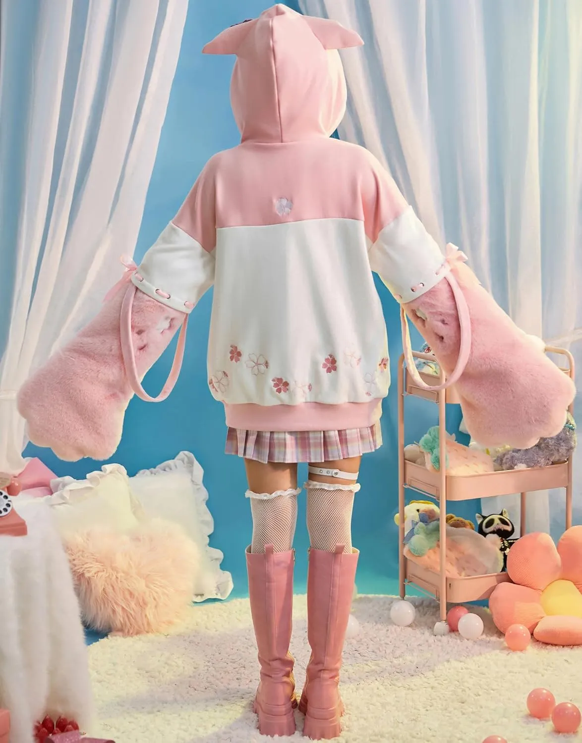 Cosplay.fm Women Pullover Hoodie with Detachable Bag Design Furry Cat Paw Gloves Kawaii Fox Style Ear Hooded Sweatshirt