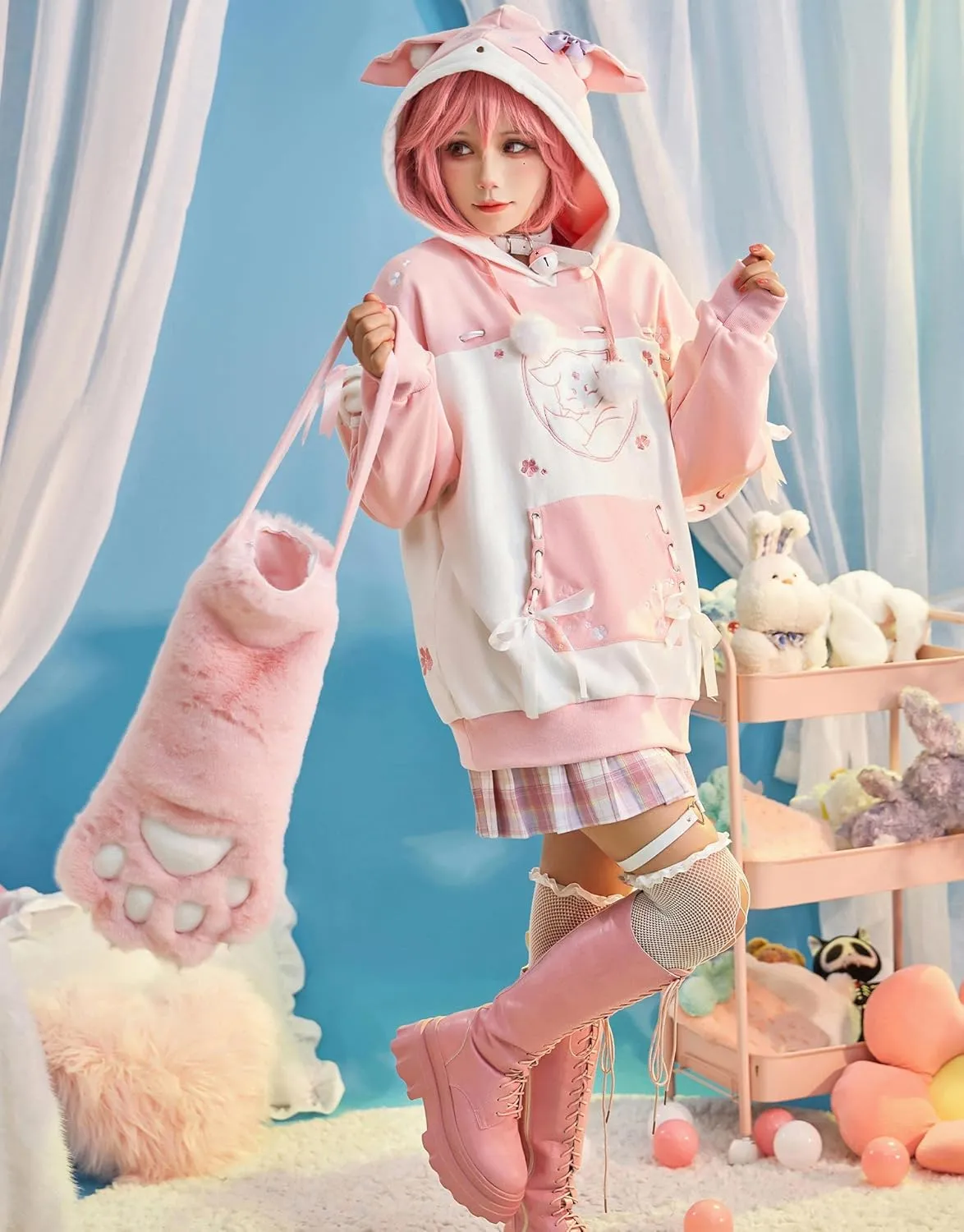 Cosplay.fm Women Pullover Hoodie with Detachable Bag Design Furry Cat Paw Gloves Kawaii Fox Style Ear Hooded Sweatshirt