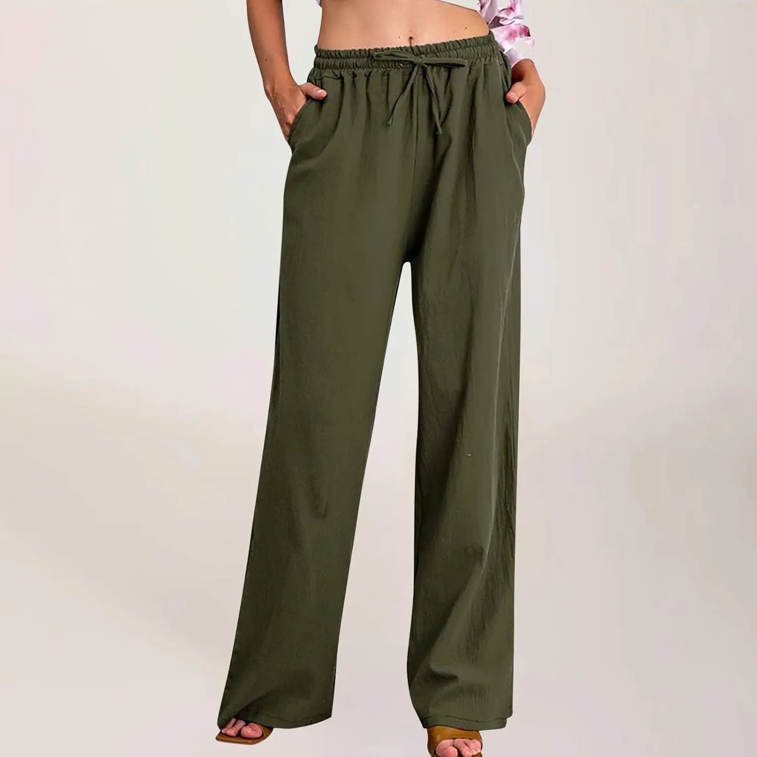 Cotton Linen Wide Leg Pants for Women Casual Summer 2024 Drawstring Beach Pants Loose Flowy Lounge Trousers