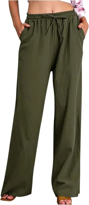 Cotton Linen Wide Leg Pants for Women Casual Summer 2024 Drawstring Beach Pants Loose Flowy Lounge Trousers