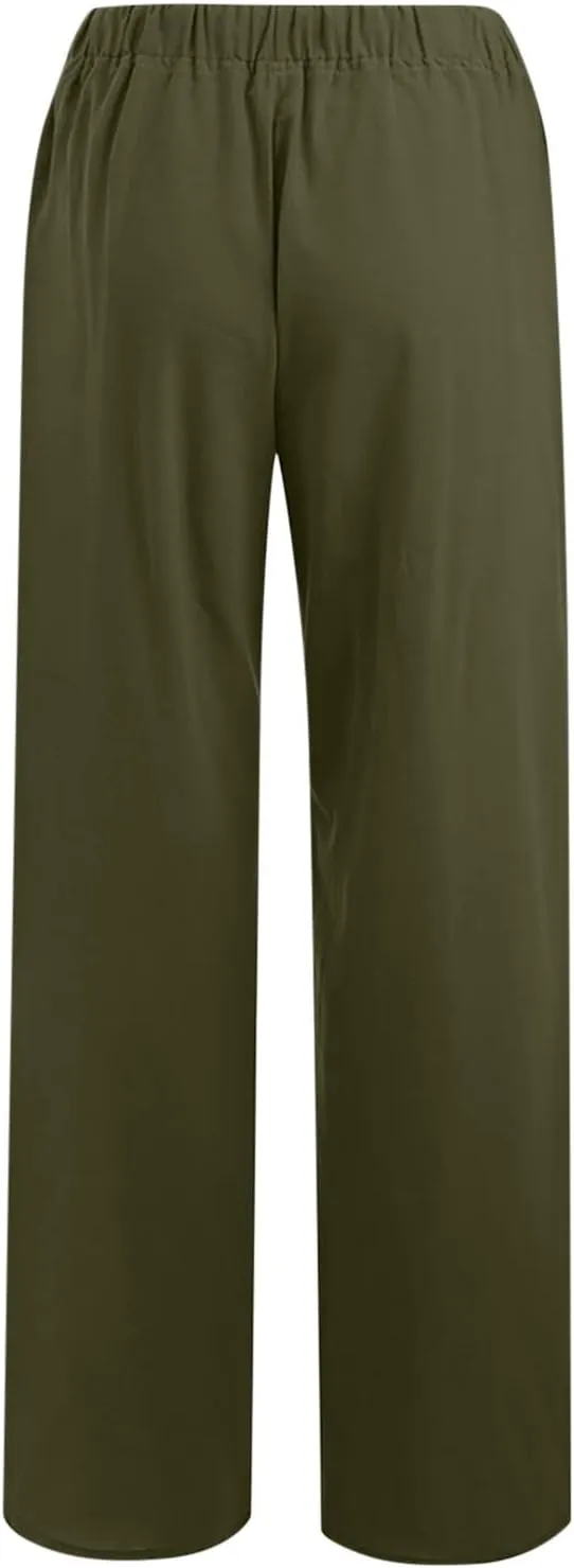 Cotton Linen Wide Leg Pants for Women Casual Summer 2024 Drawstring Beach Pants Loose Flowy Lounge Trousers