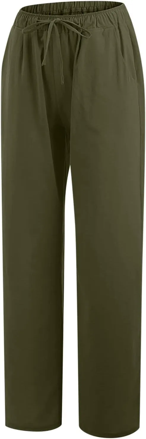 Cotton Linen Wide Leg Pants for Women Casual Summer 2024 Drawstring Beach Pants Loose Flowy Lounge Trousers