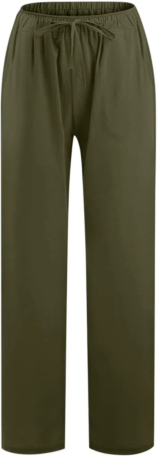 Cotton Linen Wide Leg Pants for Women Casual Summer 2024 Drawstring Beach Pants Loose Flowy Lounge Trousers