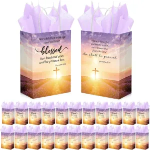 Coume 25 Pcs Mothers Day Church Gifts Bags Bulk with Tissue 8.27 x 5.91 x 3.15 Inches Christian Religious Bible Verse Baptism Paper Gifts Bags with Handles for Women Mom Church Party Favor