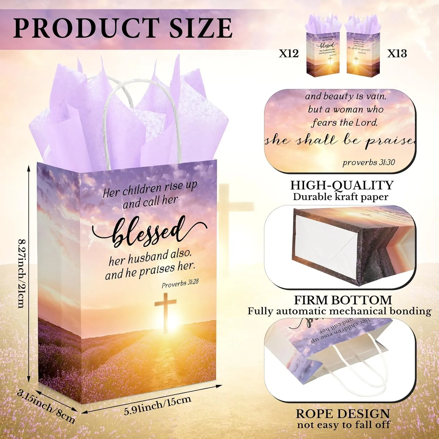 Coume 25 Pcs Mothers Day Church Gifts Bags Bulk with Tissue 8.27 x 5.91 x 3.15 Inches Christian Religious Bible Verse Baptism Paper Gifts Bags with Handles for Women Mom Church Party Favor