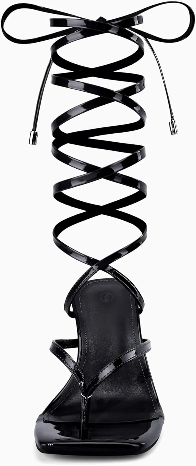 Coutgo Womens Strappy Thong Heels Sandals Sexy Lace up Wrap Ankle Strap Square Toe High Heeled Dress Summer Party Shoes