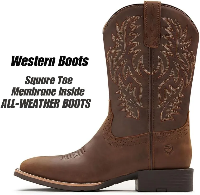 Cowboy Boots For Men - Mens Sport Wide Square Toe Western Boot,Oil/Slip Resistant,Durable Fashionable Classic Pull on 10 Inch Wellington Boots - Soft Toe