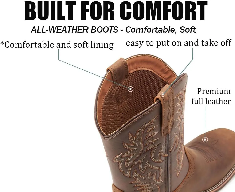 Cowboy Boots For Men - Mens Sport Wide Square Toe Western Boot,Oil/Slip Resistant,Durable Fashionable Classic Pull on 10 Inch Wellington Boots - Soft Toe