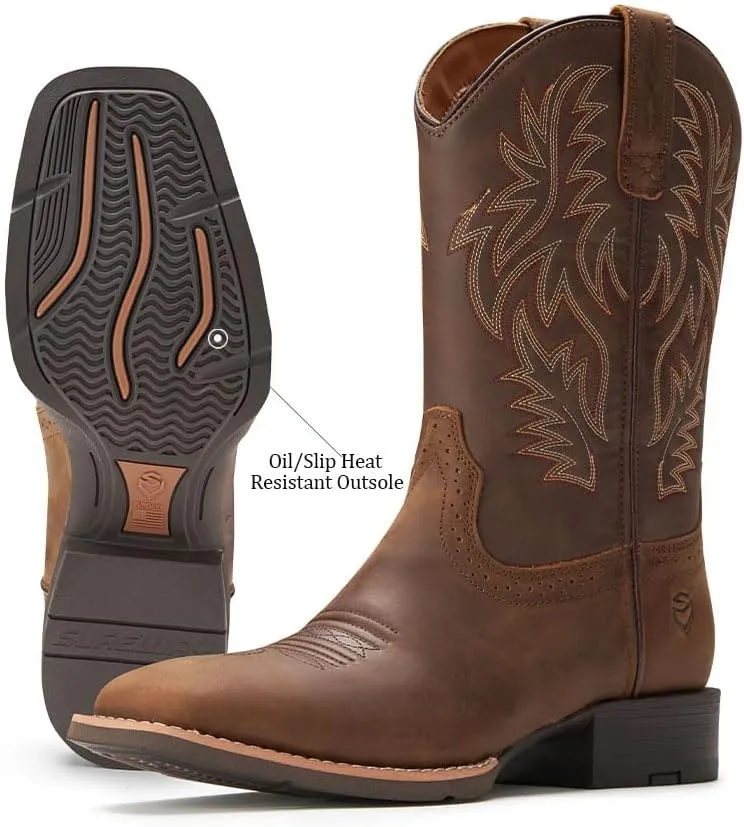 Cowboy Boots For Men - Mens Sport Wide Square Toe Western Boot,Oil/Slip Resistant,Durable Fashionable Classic Pull on 10 Inch Wellington Boots - Soft Toe