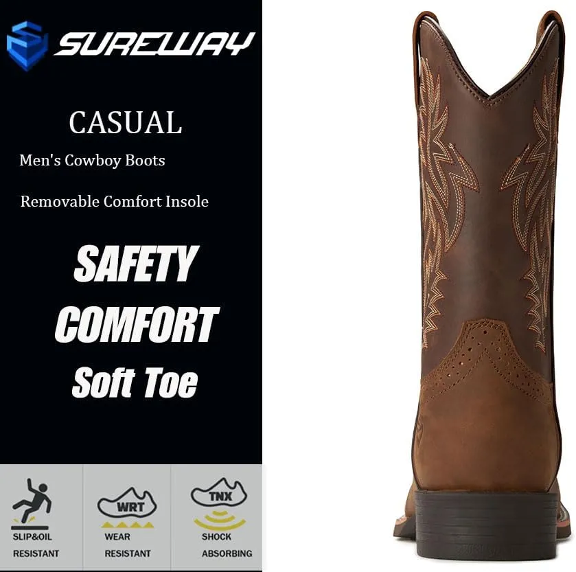 Cowboy Boots For Men - Mens Sport Wide Square Toe Western Boot,Oil/Slip Resistant,Durable Fashionable Classic Pull on 10 Inch Wellington Boots - Soft Toe