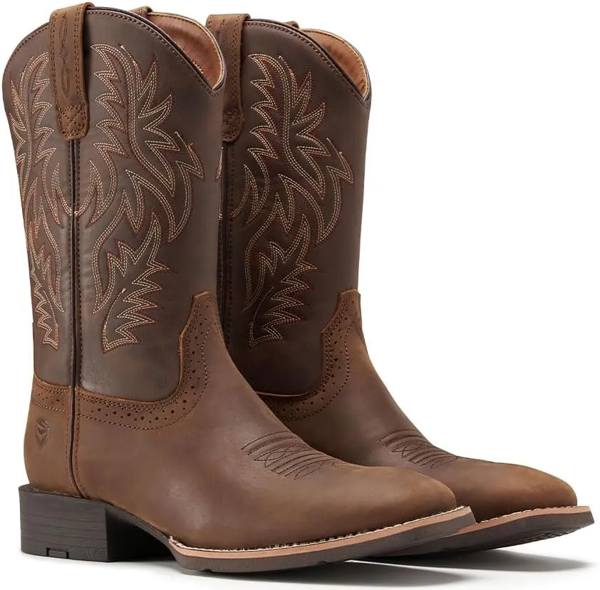 Cowboy Boots For Men - Mens Sport Wide Square Toe Western Boot,Oil/Slip Resistant,Durable Fashionable Classic Pull on 10 Inch Wellington Boots - Soft Toe