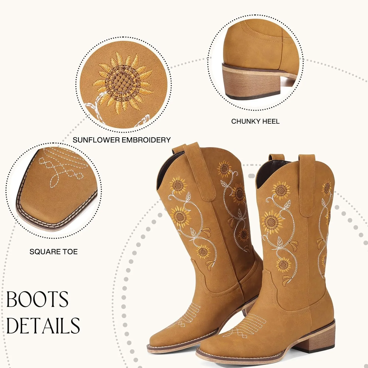 Cowboy Boots for Women - Mid Calf Western Sunflower Cowgirl Boots with Floral Embroidery, Square Toe Stitched Pull On Retro Design, Perfect for Country Idyll, Concerts and More