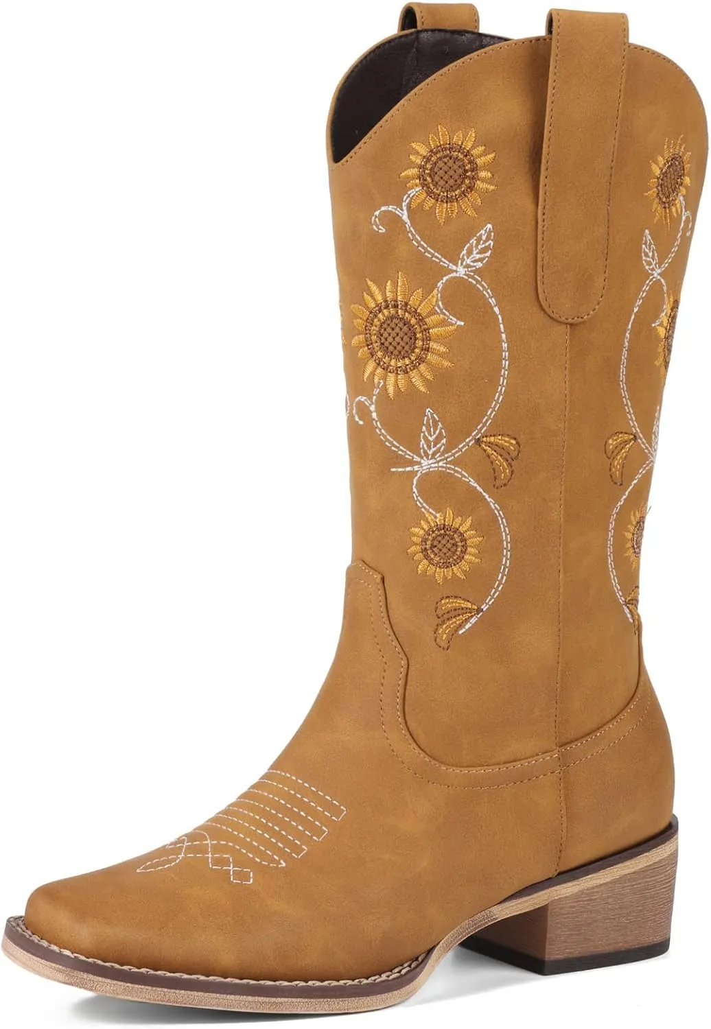 Cowboy Boots for Women - Mid Calf Western Sunflower Cowgirl Boots with Floral Embroidery, Square Toe Stitched Pull On Retro Design, Perfect for Country Idyll, Concerts and More