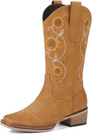 Cowboy Boots for Women - Mid Calf Western Sunflower Cowgirl Boots with Floral Embroidery, Square Toe Stitched Pull On Retro Design, Perfect for Country Idyll, Concerts and More