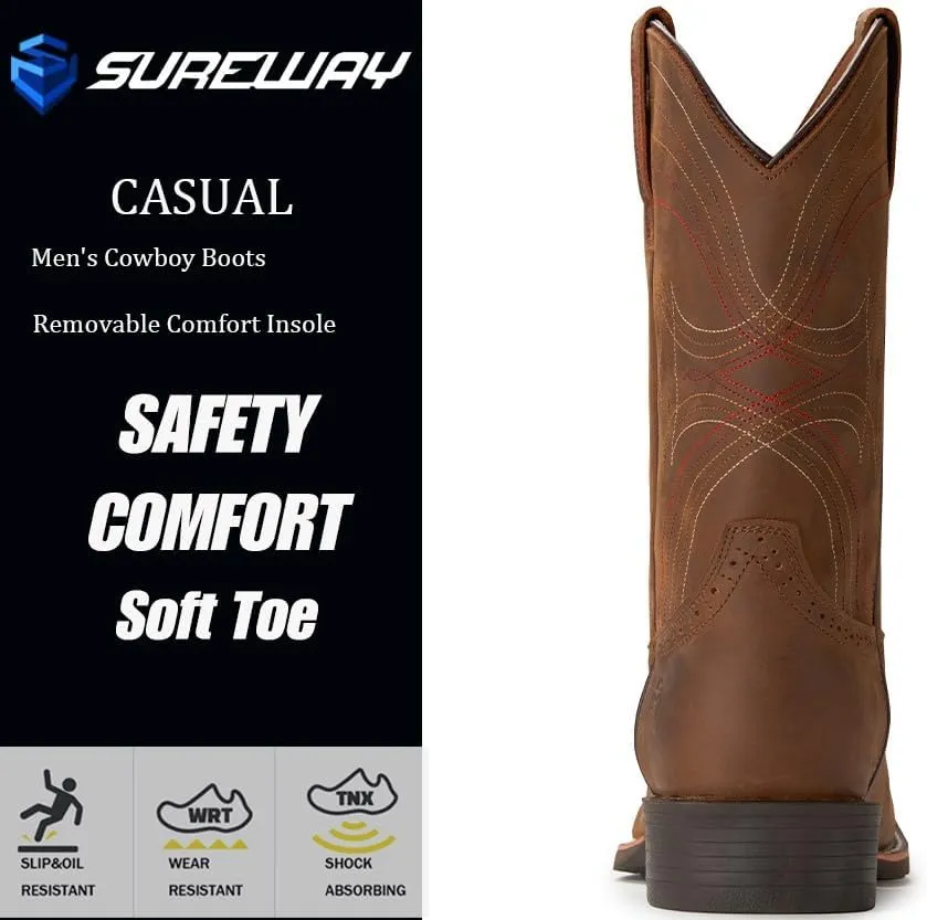 Cowboy Boots - Mens Sport Wide Square Toe Western Boot,Oil/Slip Resistant,Durable Fashionable Classic Pull on 10 Inch Leather Wellington Boots