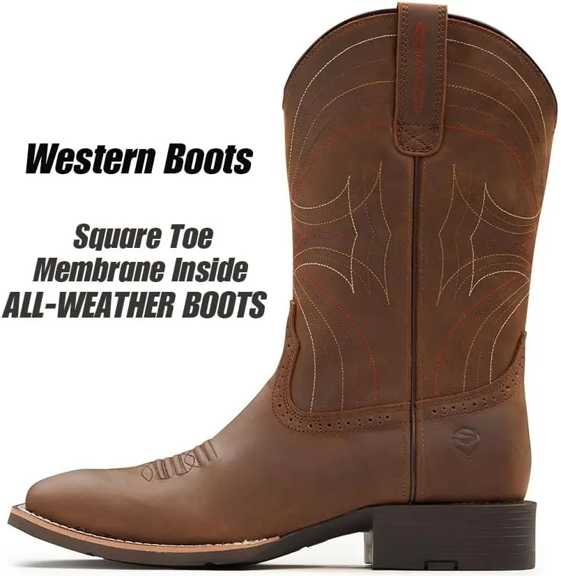 Cowboy Boots - Mens Sport Wide Square Toe Western Boot,Oil/Slip Resistant,Durable Fashionable Classic Pull on 10 Inch Leather Wellington Boots