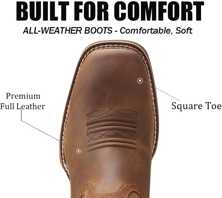 Cowboy Boots - Mens Sport Wide Square Toe Western Boot,Oil/Slip Resistant,Durable Fashionable Classic Pull on 10 Inch Leather Wellington Boots