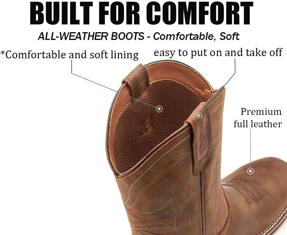 Cowboy Boots - Mens Sport Wide Square Toe Western Boot,Oil/Slip Resistant,Durable Fashionable Classic Pull on 10 Inch Leather Wellington Boots