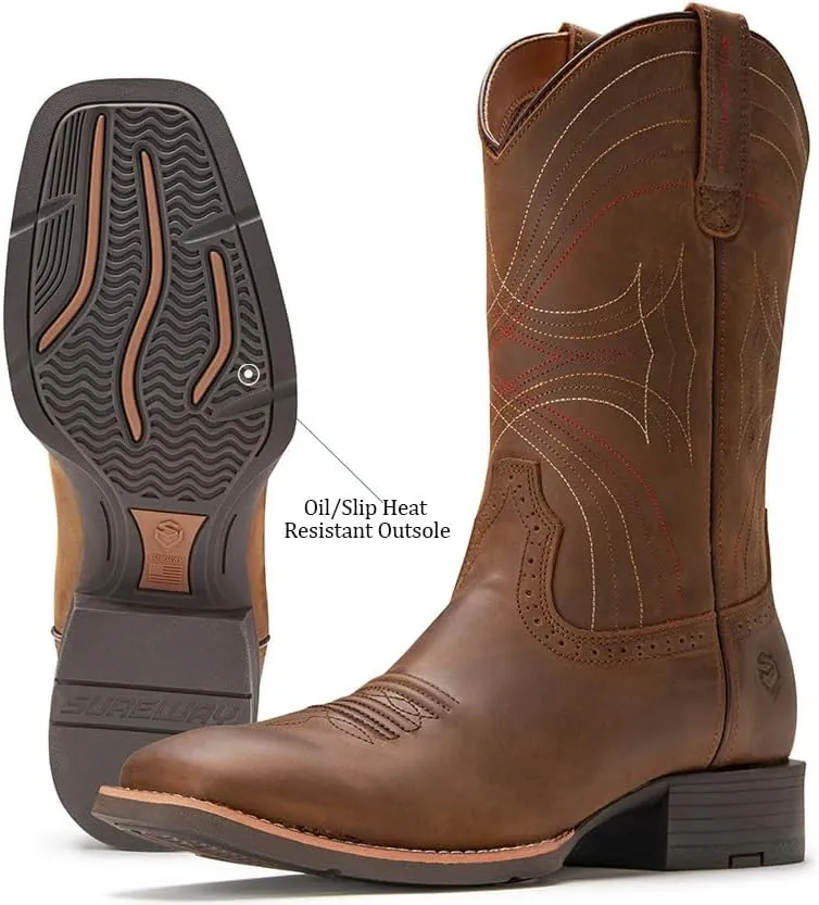Cowboy Boots - Mens Sport Wide Square Toe Western Boot,Oil/Slip Resistant,Durable Fashionable Classic Pull on 10 Inch Leather Wellington Boots
