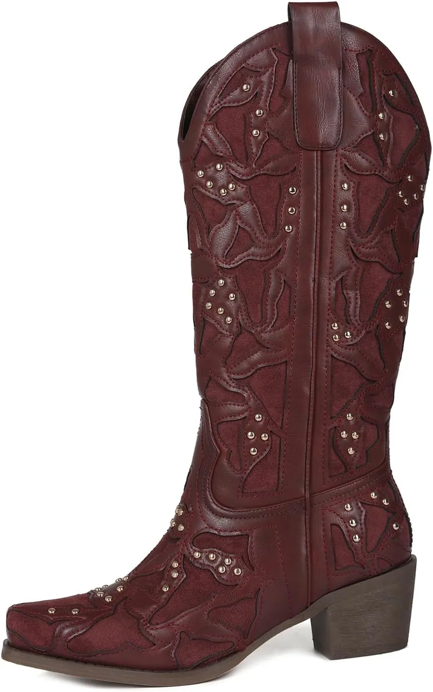 Cowboy Boots Women Leather Embroidery Ladies Square Toe Western Cowgirl Boots