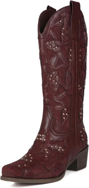 Cowboy Boots Women Leather Embroidery Ladies Square Toe Western Cowgirl Boots